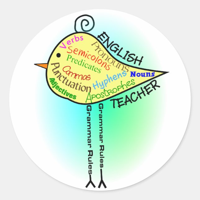 Sticker Rond Enseignant anglais Cadeaux "Grammar Bird" (Devant)