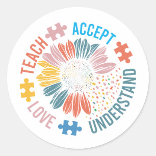 Sticker Rond "Enseigner Accepter Aimer Comprendre" Pièce de Puz