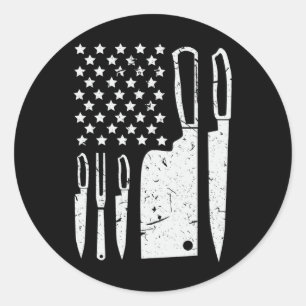 Sticker Rond Ensemble de couteaux de chef Chemise Drapeau améri