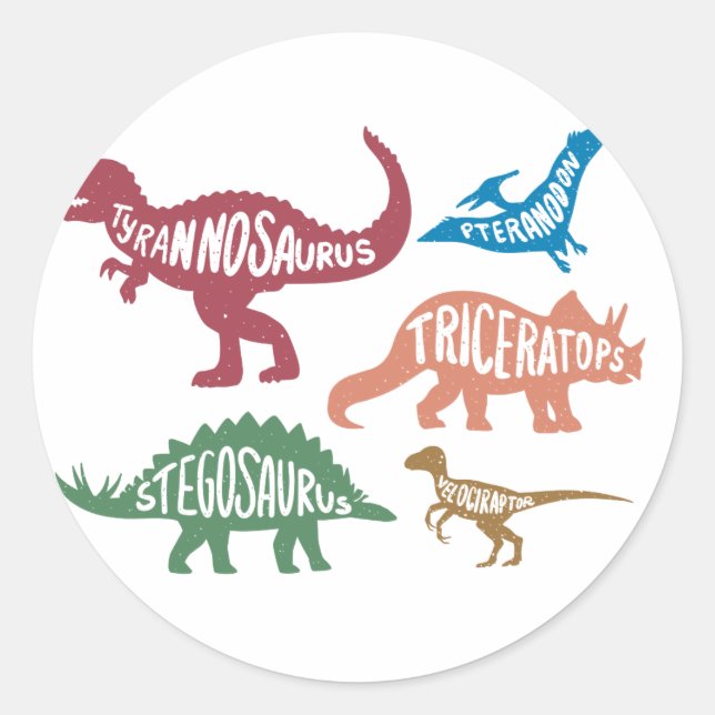 Sticker Rond Ensemble de silhouettes de différents dinosaures (Devant)
