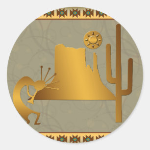 Sticker Rond Ensemble Kokopelli Mesa & Cactus #2