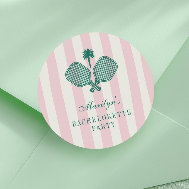 Sticker Rond Enterrement de vie de jeune fille Rose Vert Pickle (Pickleball paddles with pink stripes bachelorette party stickers)
