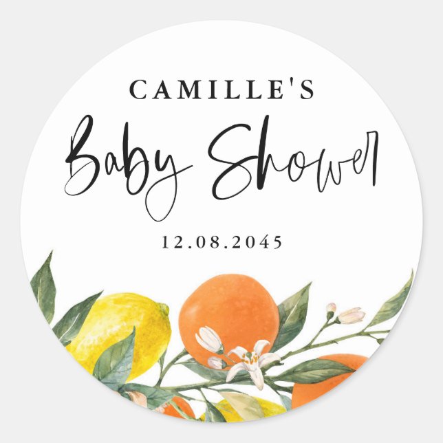 Sticker Rond Enveloppe de Baby shower d'orange botanique et de  (Devant)
