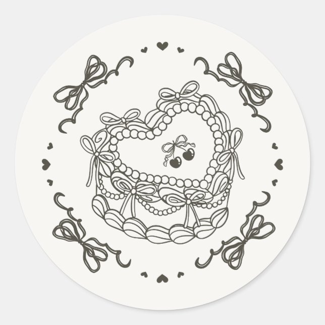 Sticker Rond Enveloppe de gâteau Coquette Coeur Rétro Bow Beige (Devant)