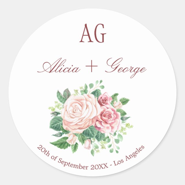 Sticker Rond Enveloppe de joint Mariage monogramme Rose (Devant)