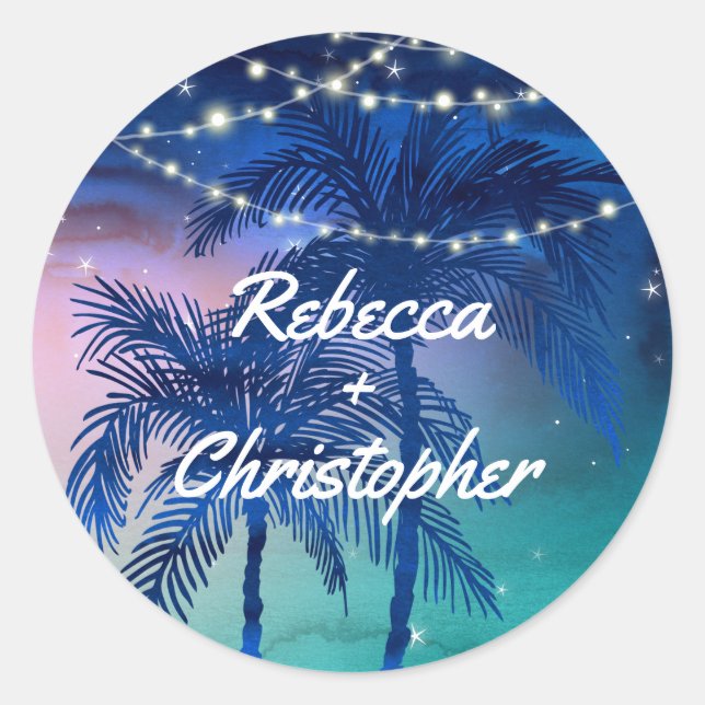 Sticker Rond Enveloppe de mariage de plage | Palmiers tropicaux (Devant)