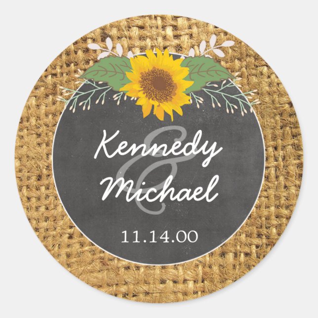 Sticker Rond Enveloppe de Mariage de tournesol Burlap rustique (Devant)