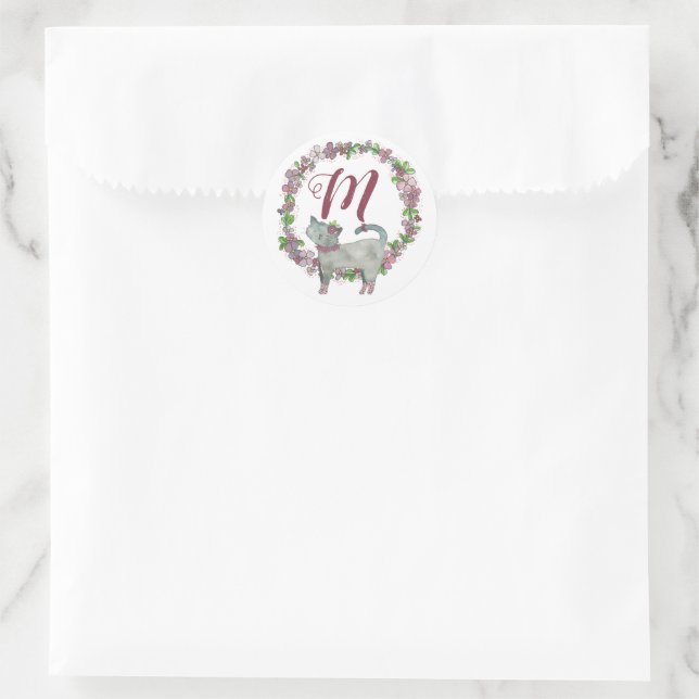 Sticker Rond Enveloppe de monogramme de chats gris (Sac)