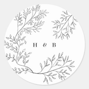 Sticker Rond Enveloppe élégante Monogramme floral noir Wreath