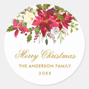 Sticker Rond Enveloppe en or de Noël fleuri Poinsettia