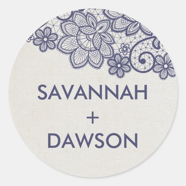 Sticker Rond Enveloppe Mariage Burlap et Navy Lace (Devant)
