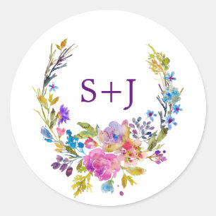 Sticker Rond Enveloppe Mariage de monogramme de fleurs de prune