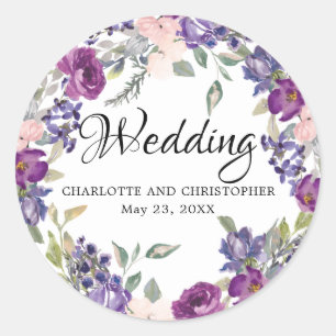 Sticker Rond Enveloppe Mariage Plum Blush Purple Floral