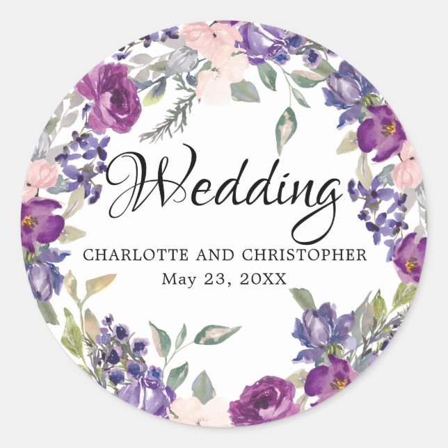 Sticker Rond Enveloppe Mariage Plum Blush Purple Floral (Devant)