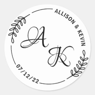 Sticker Rond Enveloppe Mariage simple Monogramme Botanique