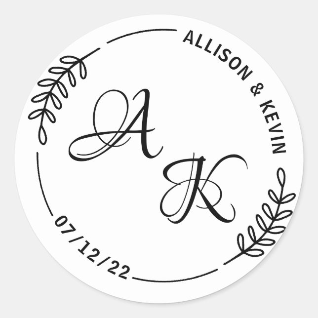 Sticker Rond Enveloppe Mariage simple Monogramme Botanique (Devant)