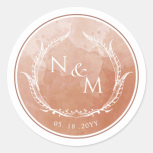Sticker Rond Enveloppe monogramme couleur d'aquarelle en terre 