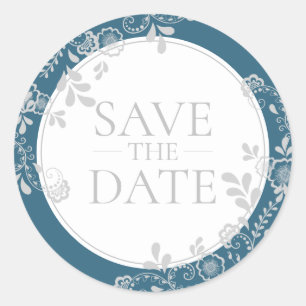 Sticker Rond Épargnez la date argent bleu floral victorien dent