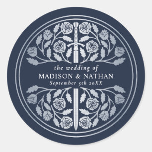 Sticker Rond Épée médiévale royale bleu argent Mariage