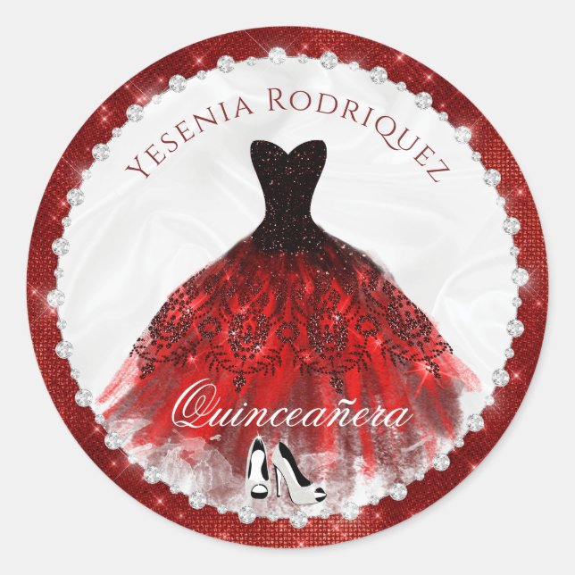 Sticker Rond Éperche en diamant rouge Glam Quinceañera (Devant)
