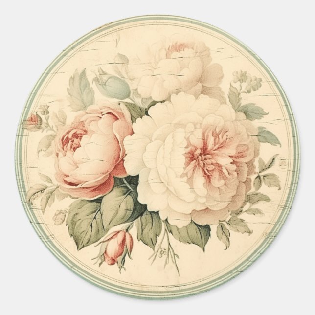 Sticker Rond Éphémère classique, rose et vert Chic Shabby (Devant)