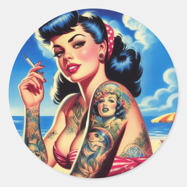 Sticker Rond Épinglette d'été rétro tatouée Bikini (Devant)