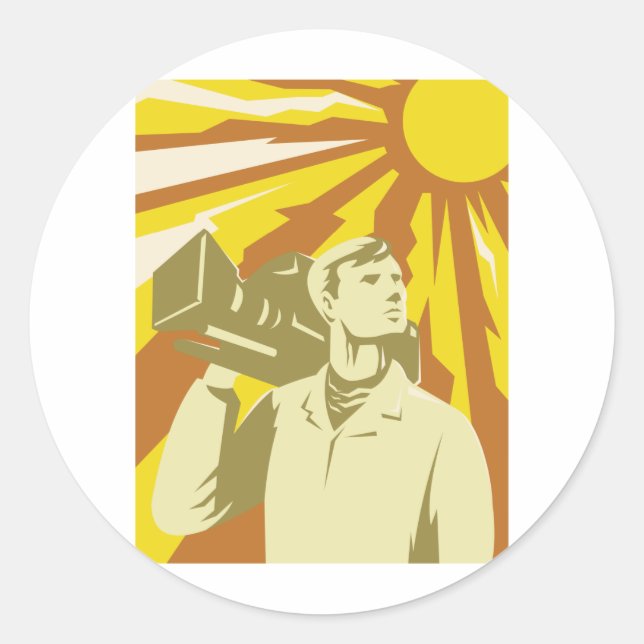 Sticker Rond Équipe De Film Cameraman Avec Caméra Vidéo (Devant)