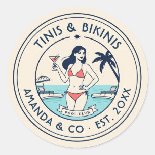 Sticker Rond Équipe de la mariée Tinis & Bikinis Preppy Pool Cl