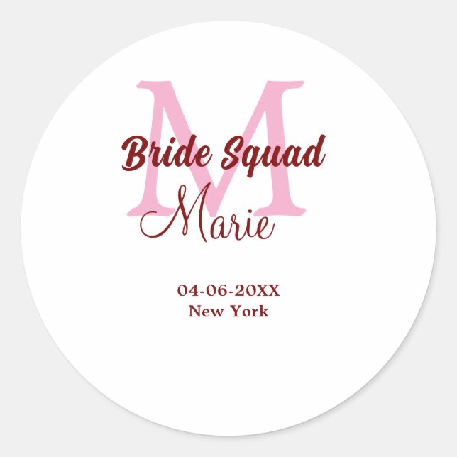 Sticker Rond Équipe de mariée ajoutez le nom monogramme demoise (Devant)