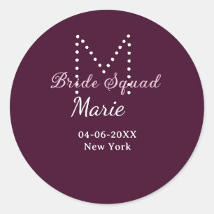 Sticker Rond Équipe de mariée ajoutez nom monogramme demoiselle