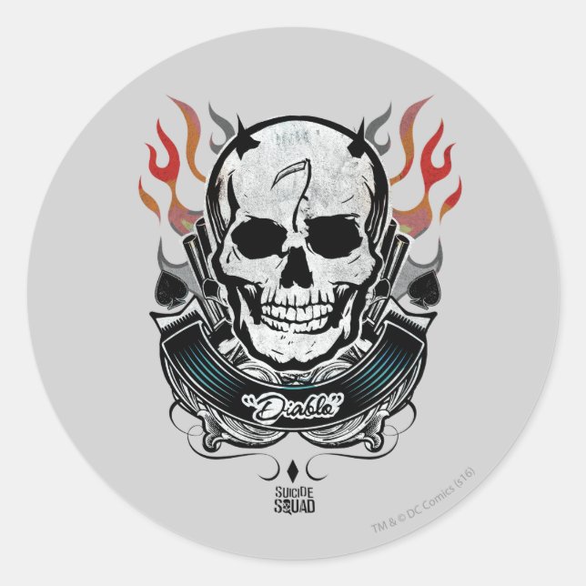 Sticker Rond Équipe de suicide | Diablo Skull & Flames Tattoo A (Devant)