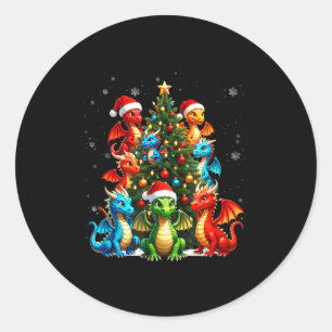 Sticker Rond Équipe du sapin de Noël dragon chapeau de Père Noë