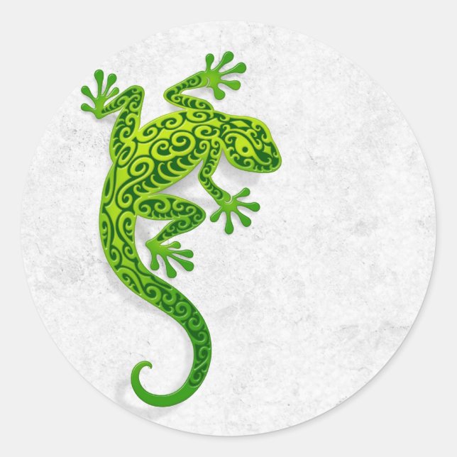 Sticker Rond Escalade Gecko vert sur un mur blanc (Devant)