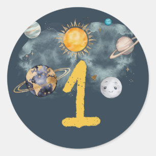 Sticker Rond Espace Extérieur Anniversaire Galaxie Soleil Lune 