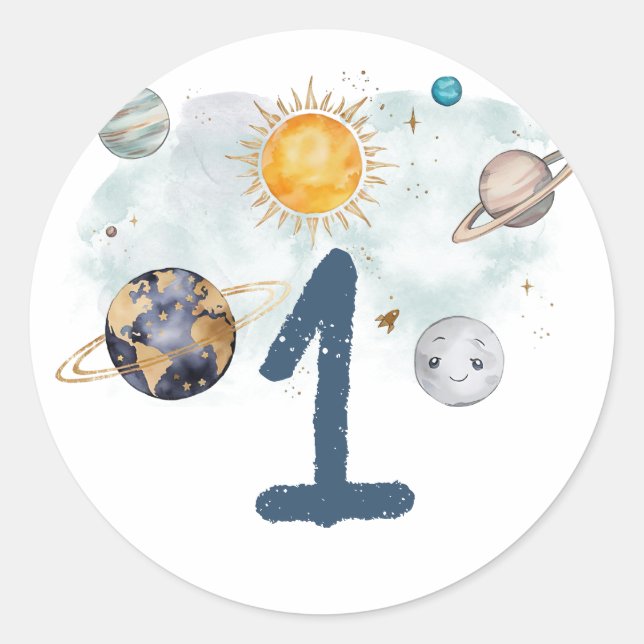 Sticker Rond Espace Extérieur Anniversaire Galaxie Soleil Lune  (Devant)