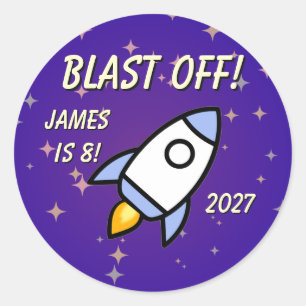 Sticker Rond Espace - Fusée Violette et Étoiles pour l'annivers