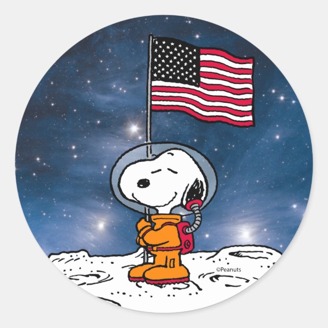 Sticker Rond ESPACE | Snoopy avec astronaute du drapeau (Devant)