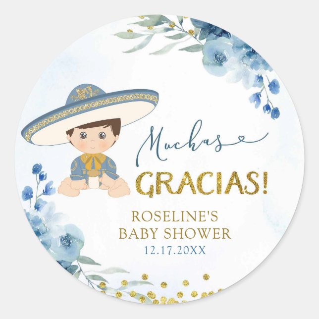 Sticker Rond Espagnol Bleu Es Biñ o Baby shower Gary Gracias (Devant)