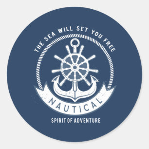 Sticker Rond Esprit nautique Ancre, Roue, Bleu marine