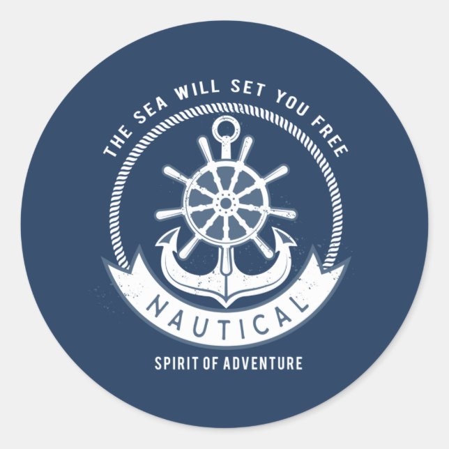 Sticker Rond Esprit nautique Ancre, Roue, Bleu marine (Devant)