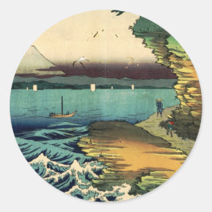 Sticker Rond Estampe japonaise vintage Ukiyo-e Mont Fuji 房州保田ノ海