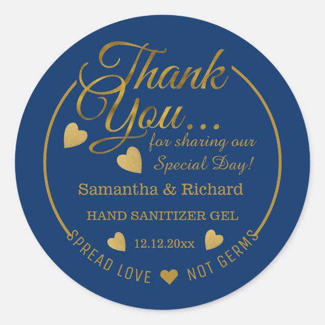Sticker Rond Étaler l'amour main Sanitizer Merci bleu or (Devant)