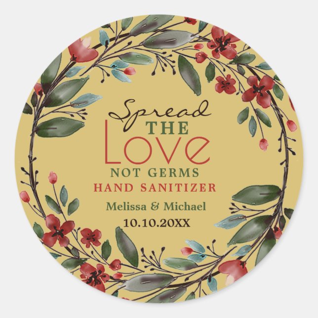 Sticker Rond Étaler l'amour Rouge Floral Wreath Sanitizer Favor (Devant)