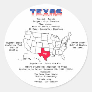 Sticker Rond État américain du Texas sur une carte et une