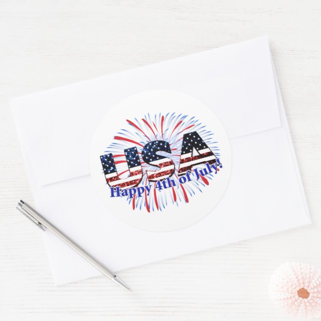Sticker Rond Etats-Unis drapeau texte parties scintillant feux  (Enveloppe)