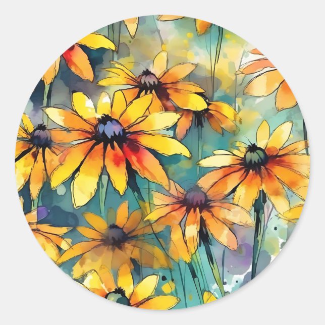 Sticker Rond Été Abstrait Rudbeckia Floral (Devant)