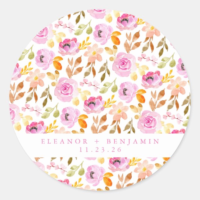 Sticker Rond Été Aquarelle rose Floral Mariage personnalisé (Devant)