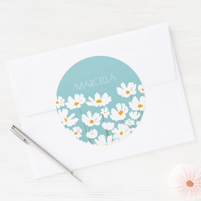 Sticker Rond Été Blanc Fleurs Cosmos Nom personnalisé (Enveloppe)