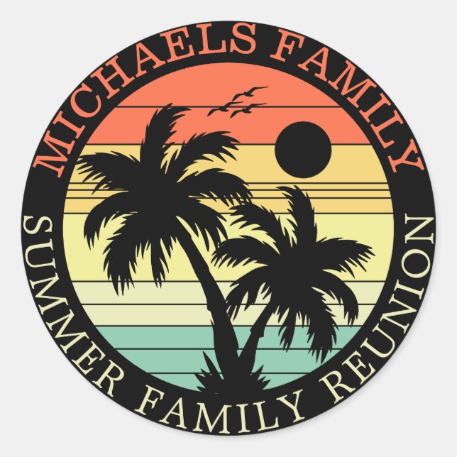 Sticker Rond Été Famille Vacances Coucher de soleil Palm Tree m (Devant)