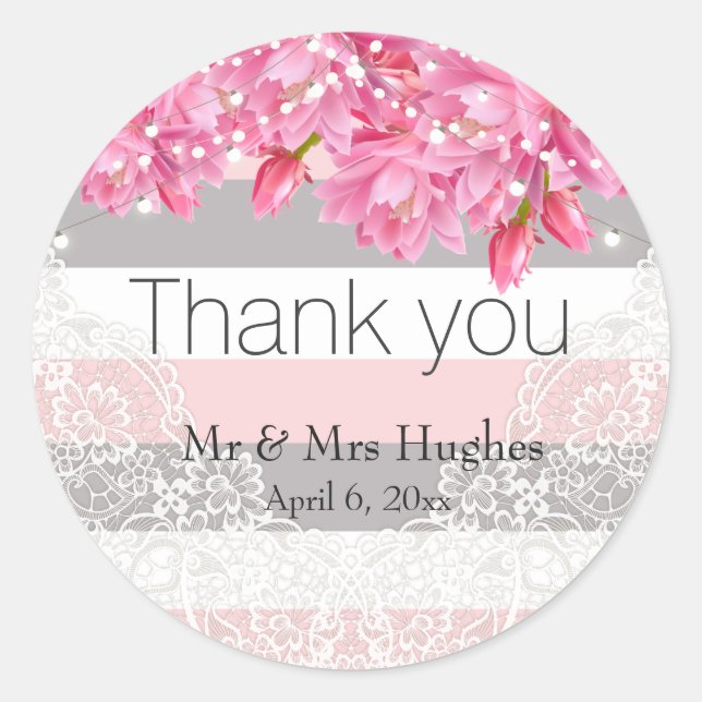Sticker Rond Été rose et gris rayures mariage dentelle florale (Devant)
